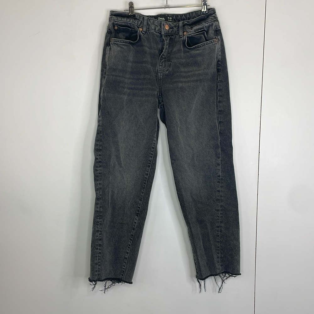 black/greyish, acid wash, straight leg, own jeans.